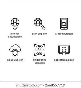 Internet Security, Scan bug, Mobile bug, Cloud bug, digitalização de impressão digital, Hacking de código, ícone, ícone de linha Definir