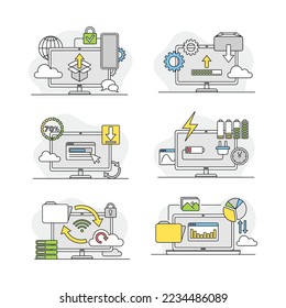 Internet security services linear signs set. Cloud computing technology, technical instruments vector illustration
