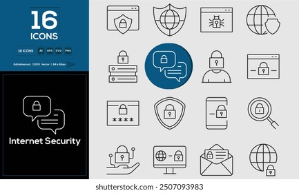  Internet Security set of outline icons related to analysis, infographic, analytics. Editable stroke. Vector illustration.