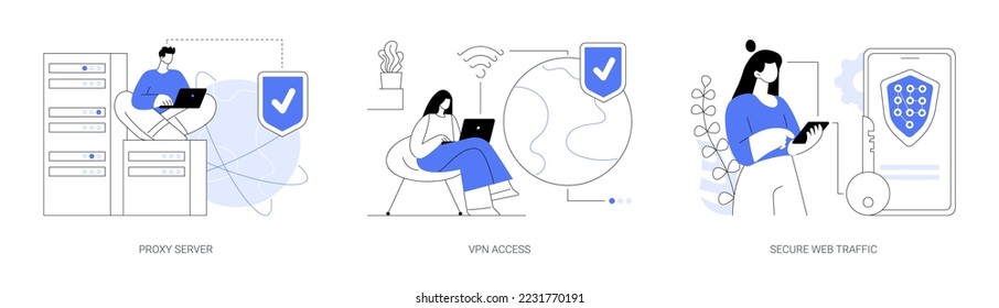 Configuración de seguridad de Internet conjunto de ilustraciones vectoriales de concepto abstracto. Servidor proxy, acceso VPN, tráfico web seguro, dirección IP, acceso a la red, conectividad, metáfora abstracta de transferencia de datos cifrada.