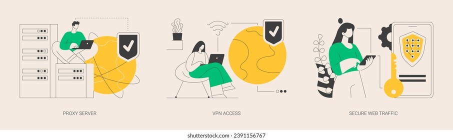 Internet security settings abstract concept vector illustration set. Proxy server, VPN access, secure web traffic, IP address, network access, connectivity, encrypted data transfer abstract metaphor.