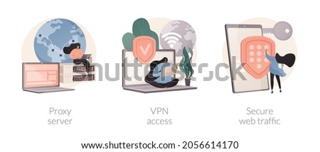 Internet security settings abstract concept vector illustration set. Proxy server, VPN access, secure web traffic, IP address, network access, connectivity, encrypted data transfer abstract metaphor.