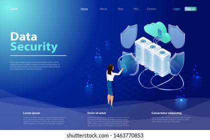 Internet security shield business concept. Business woman applies finger to fingerprint scanner to access database, data protection concept. Templates cybersecurity. Data security isometric concept