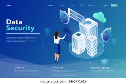 Internet security shield business concept. Business woman applies finger to fingerprint scanner to access database, data protection concept. Templates cybersecurity. Data security isometric concept