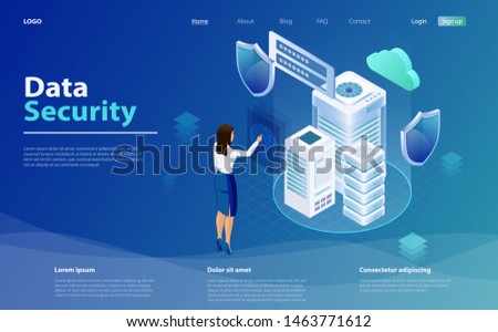 Internet security shield business concept. Business woman applies finger to fingerprint scanner to access database, data protection concept. Templates cybersecurity. Data security isometric concept