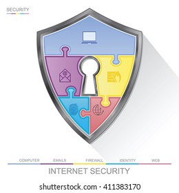 Internet security shield puzzle with key hall, vector 