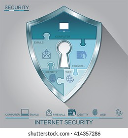 Internet security shield puzzle with key hall, vector 