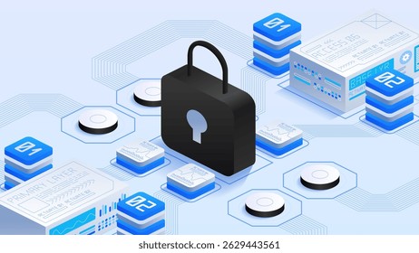 Internet security in software development. Large black padlock protection. Technological elements like circuit connections. The blue and white color scheme. An isometric vector illustration