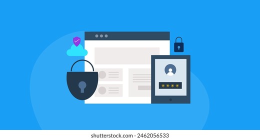 Internet security software, Protecting data from cyber attack, Data protection technology, Data security - vector illustration with icons