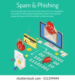 Internet security with Spam and Phishing Concept with isometric flat icons like spam, virus, credit card on hook and bugs. vector illustration.