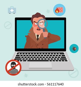 Internet security and spyware warning with detective. Computer attack and virus infection. Vector flat icons and illustrations