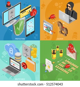 Banners cuadrados de seguridad de Internet con iconos planos isométricos como hacker, virus, antivirus, protección e ilustración vectorial de spam.