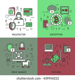 Internet security square icon set with descriptions of malefactor virus danger and phishing vector illustration