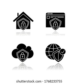 Internet security system drop shadow black glyph icons set. Smart home lock. Cloud computing safety. Personal information protection. Isolated vector illustrations on white space