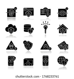 Internet security system drop shadow black glyph icons set. Computer protection. Cybersecurity technology. Eye and fingerprint scanner. Isolated vector illustrations on white space