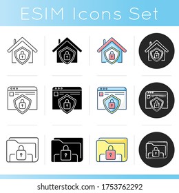Internet security system icons set. Smart home lock. Computer folder safety. Personal information protection. Linear, black and RGB color styles. Isolated vector illustrations
