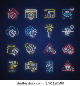 Internet security system neon light icons set. Computer protection. Cybersecurity technology. Eye and fingerprint scanner. Signs with outer glowing effect. Vector isolated RGB color illustrations
