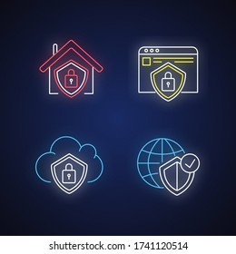 Internet security system neon light icons set. Smart home lock. Cloud computing safety. Personal information protection. Signs with outer glowing effect. Vector isolated RGB color illustrations