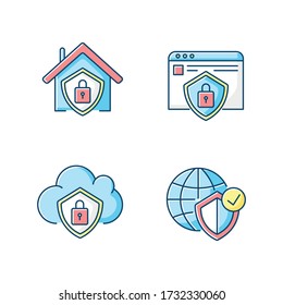 Sistema de seguridad de Internet Juego de iconos de color RGB. Bloqueo residencial inteligente. Seguridad informática en la nube. Protección de la información personal. Ilustraciones vectoriales aisladas