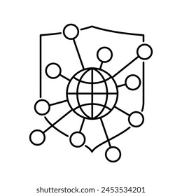 Internet Security systems logo template, in thin line - globe and shield with connected points which symbolize digital data protection