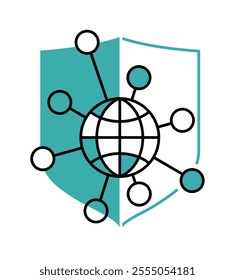Internet Security systems logo template, - globe and shield with connected points which symbolize digital data protection. in thin line and blue color