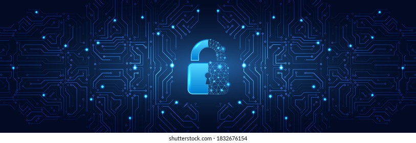 Internet security technology concept for business. Confidential data protection. Cybersecurity or information privacy idea. Padlock on the blue circuit board background.