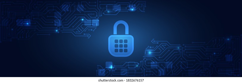 Internet security technology concept for business. Confidential data protection. Cybersecurity or information privacy idea. Padlock on the blue circuit board background.