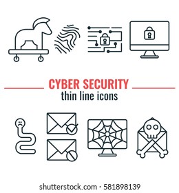 Internet Security Thin Line Icons. Troy Horse, Worm, Fingerprint, Letter, Web, Net. Set Of Mono Weight Icons.