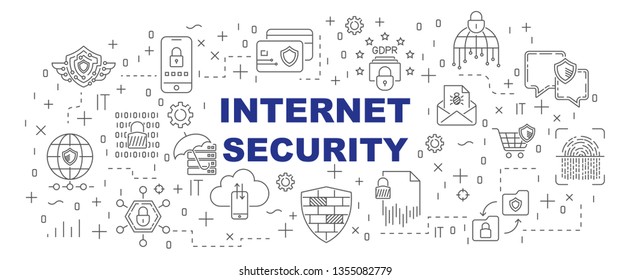 Internet Security vector banner design concept, line style with thin line art icons on white background. Editable Stroke. EPS 10