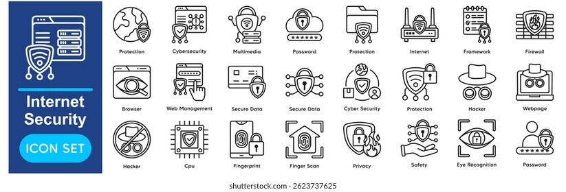 Internet Security Vetor Icons Collection related to Cyber Security, Protection, Security, Online Security, Data Protection, Firewall, Password, Secure (Coleção de ícones vetoriais de segurança da Internet relacionados a segurança cibernética, proteção, segurança, segurança on-line, proteção de dados, firewall, senha, seguro)