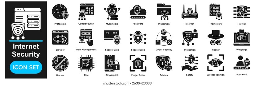 Internet Security Vetor Icons Collection related to Cyber Security, Protection, Security, Online Security, Data Protection, Firewall, Password, Secure (Coleção de ícones vetoriais de segurança da Internet relacionados a segurança cibernética, proteção, segurança, segurança on-line, proteção de dados, firewall, senha, seguro)