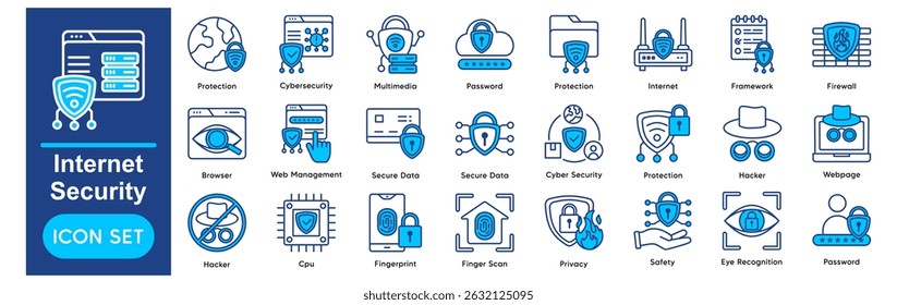Internet Security Vector Icons Collection related to Cyber Security, Protection, Security, Online Security, Data Protection, Firewall, Password, Secure.