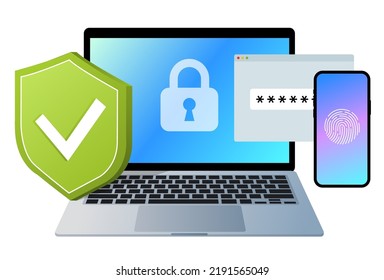 Internet security vector illustration concept. Private data on desktop and mobile. Cyber security services. Vector illustration in flat style.