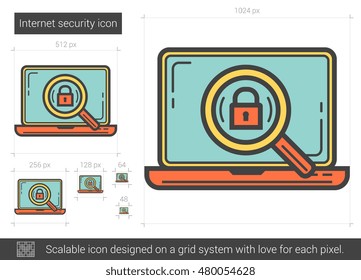 Ícone de linha de vetor de segurança da Internet isolado no plano de fundo branco. Ícone de linha de segurança da Internet para infográfico, site ou aplicativo. Ícone escalável projetado em um sistema de grade.