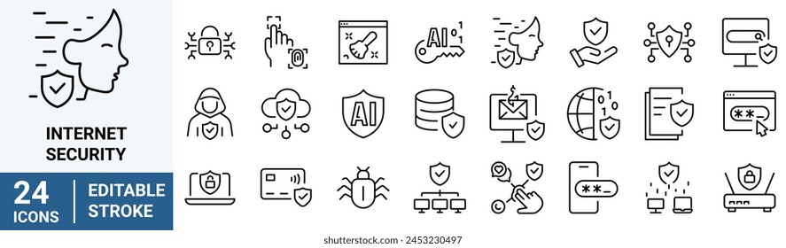 Iconos web de seguridad de Internet en estilo de línea. Seguridad, privacidad, información, datos, proteger, ciberbloqueo, desbloquear, escudo, llave. Ilustración vectorial.