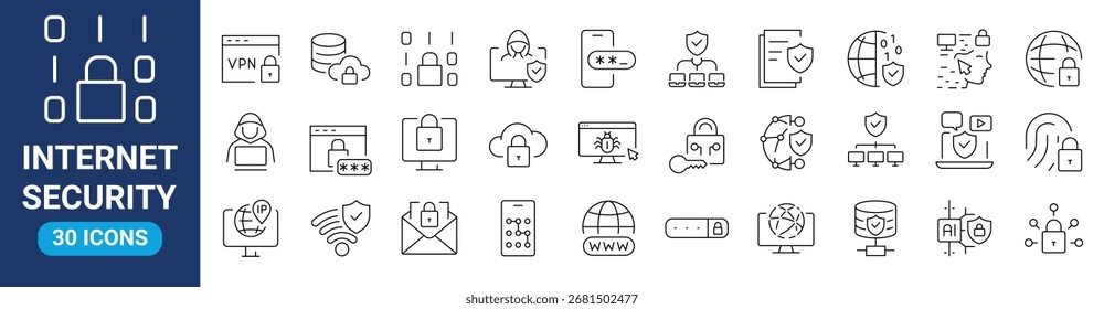 Internet security web icons in line style. Security, privacy, information, data, protect, cyber lock, unlock, shield, key. Vector illustration.
