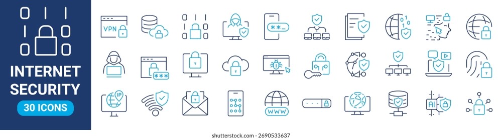 Iconos web de seguridad de Internet en estilo de línea. Seguridad, privacidad, información, datos, proteger, bloqueo cibernético, desbloquear, escudo, clave. Ilustración vectorial.