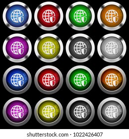 Internet security white icons in round glossy buttons with steel frames on black background.