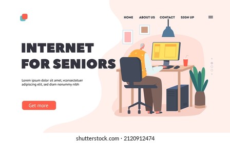 Internet for Seniors Landing Page Template. Grandpa Using New Technologies, Old Male Character Sit at Desk with Pc Typing Message, Watch Video or Surfing in Networks. Cartoon Vector Illustration