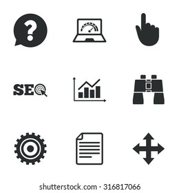 Internet, seo icons. Analysis chart, page and computer signs. Question speech bubble symbol. Flat icons on white. Vector