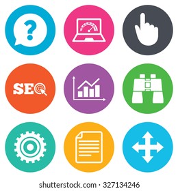 Internet, seo icons. Analysis chart, page and computer signs. Question speech bubble symbol. Flat circle buttons. Vector