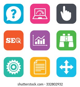 Internet, seo icons. Analysis chart, page and computer signs. Question speech bubble symbol. Flat square buttons. Vector