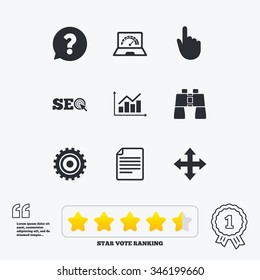 Internet, seo icons. Analysis chart, page and computer signs. Question speech bubble symbol. Star vote ranking. Award achievement and quotes.