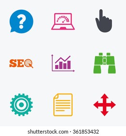 Internet, seo icons. Analysis chart, page and computer signs. Question speech bubble symbol. Flat colored graphic icons.