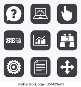Internet, seo icons. Analysis chart, page and computer signs. Question speech bubble symbol. Flat square buttons with rounded corners.
