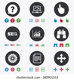 Internet, seo icons. Analysis chart, page and computer signs. Question speech bubble symbol. Flat circle buttons with icons.
