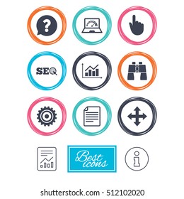 Internet, seo icons. Analysis chart, page and computer signs. Question speech bubble symbol. Report document, information icons. Vector
