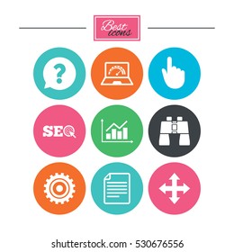 Internet, seo icons. Analysis chart, page and computer signs. Question speech bubble symbol. Colorful flat buttons with icons. Vector