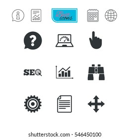 Internet, seo icons. Analysis chart, page and computer signs. Question speech bubble symbol. Report document, calendar and information web icons. Vector