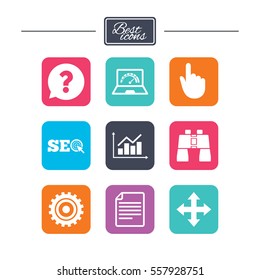 Internet, seo icons. Analysis chart, page and computer signs. Question speech bubble symbol. Colorful flat square buttons with icons. Vector